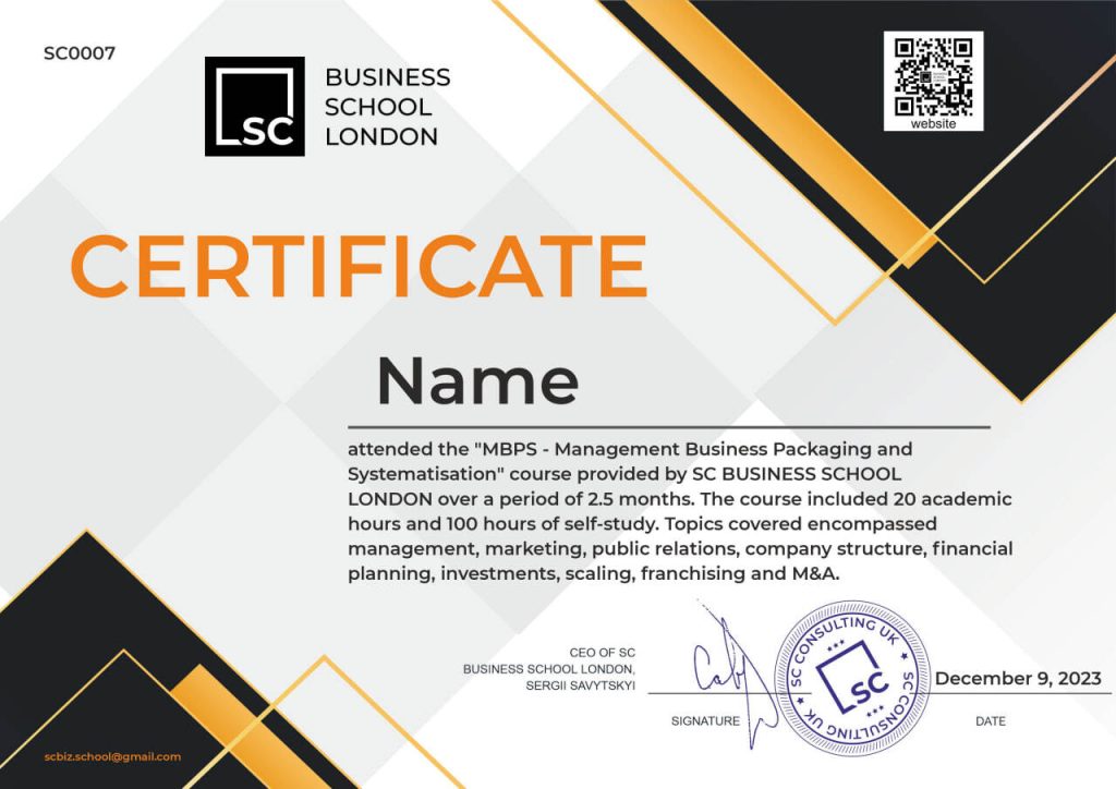 SC Business School certificate