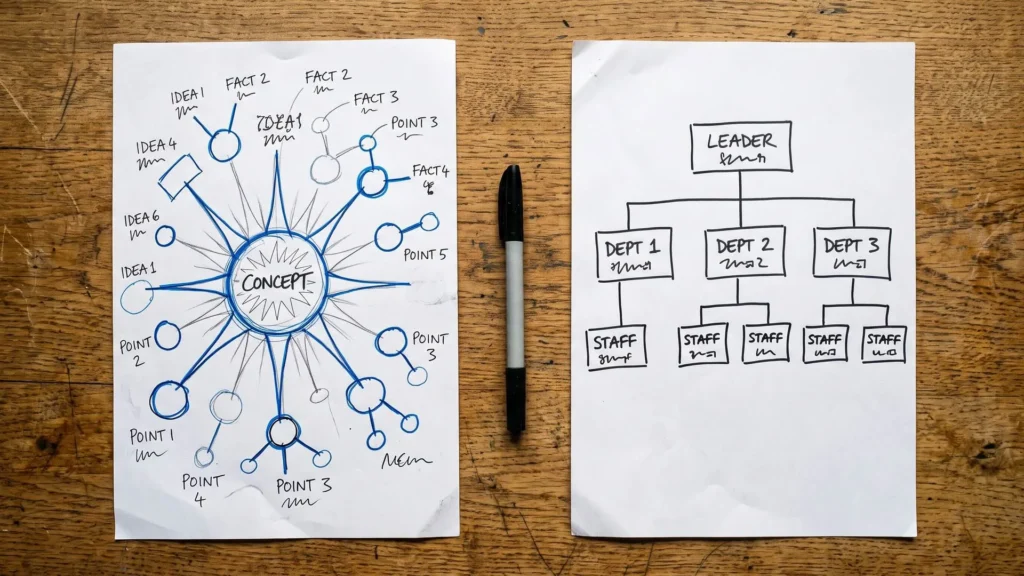 Two sheets on a desk: on the left a sun-shaped diagram with a single centre, on the right a simple org chart of a leader, three departments and staff