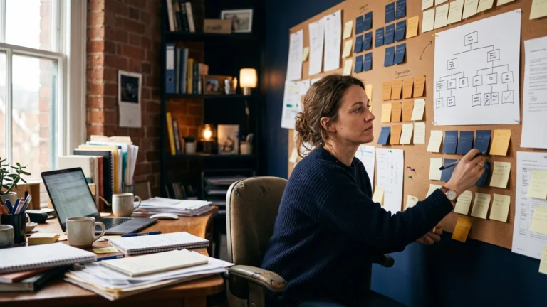 A small business owner at a planning wall with sticky notes and a hand-drawn company org chart
