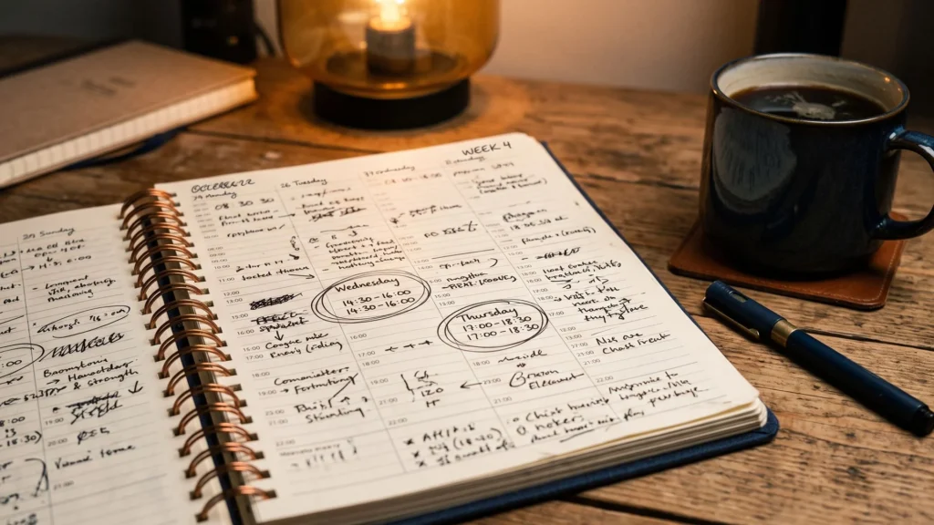 A paper planner with a working week written out by hand, two slots circled in pen, a cup of coffee beside it